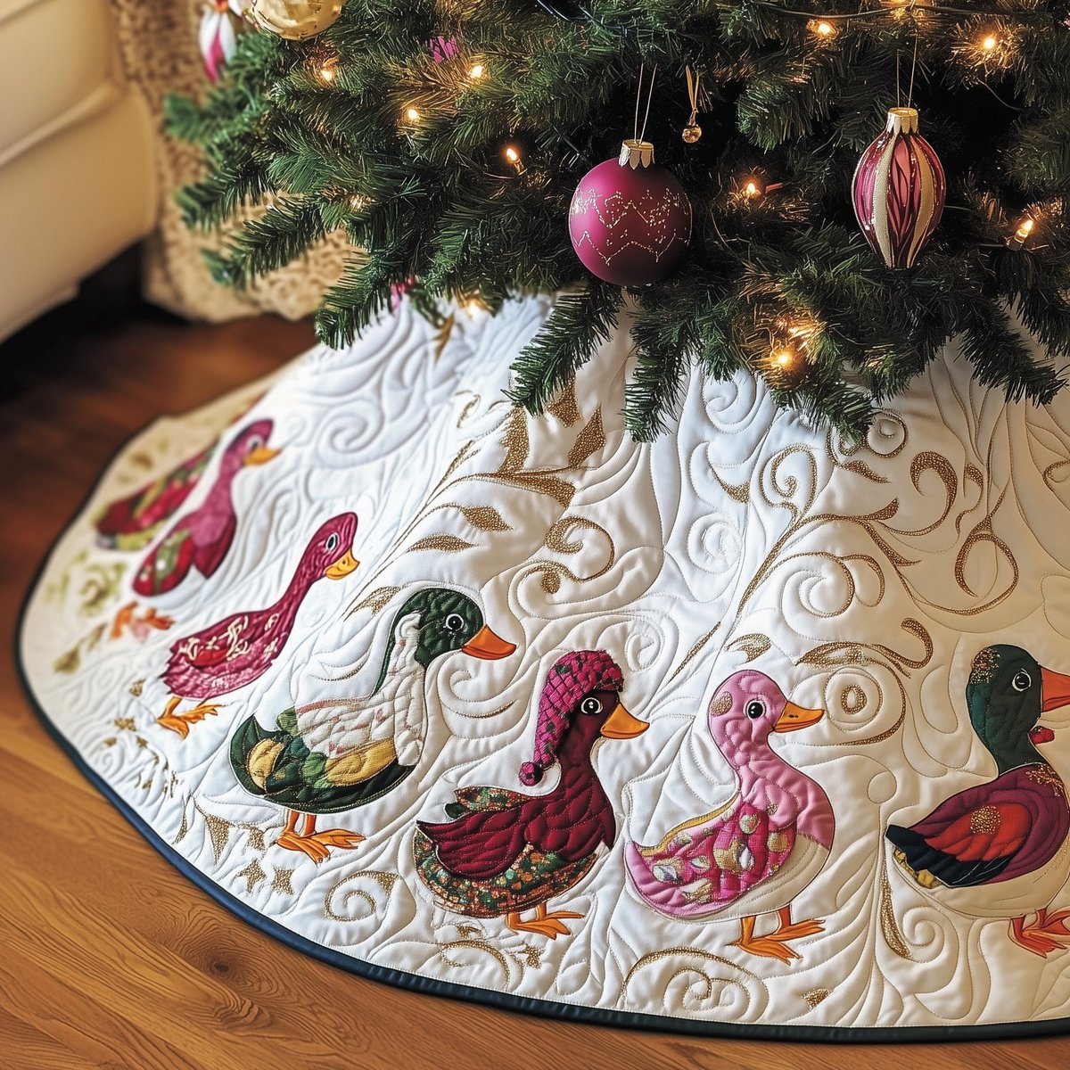 Pink and Green Ducks on White Christmas Tree Skirt - Made to Order TREEK101