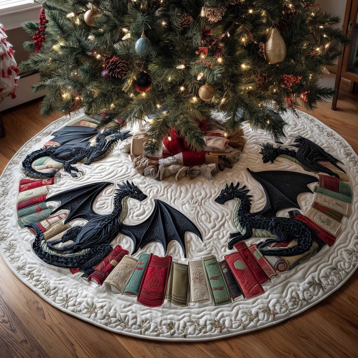 Black Dragon with the Book Row Christmas Tree Skirt - Made to Order TREEK101