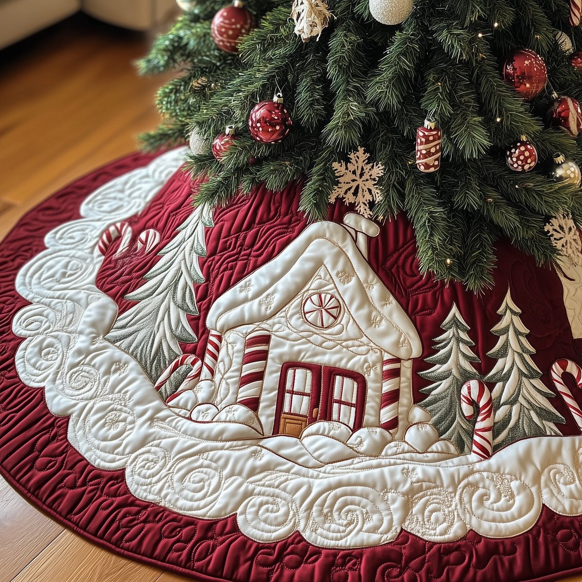 White Cottage with Red Snowflake Border Christmas Tree Skirt - Made to Order TREEK101