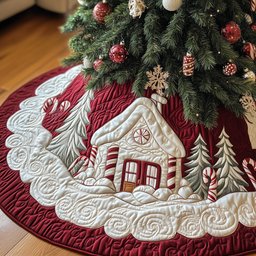 White Cottage with Red Snowflake Border Christmas Tree Skirt - Made to Order TREEK101