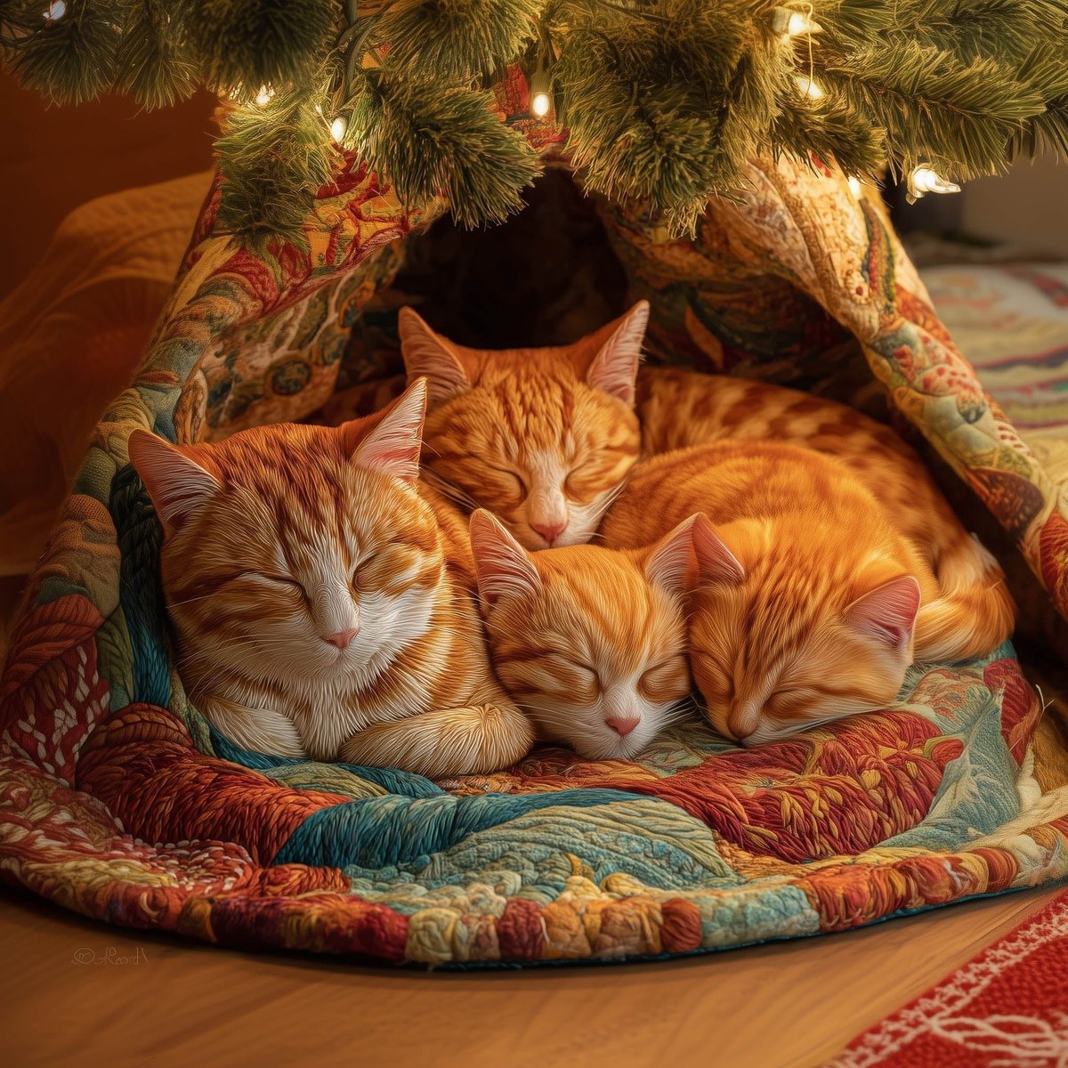 Sleeping Ginger Cats on Teal Christmas Tree Skirt - Made to Order TREEK101
