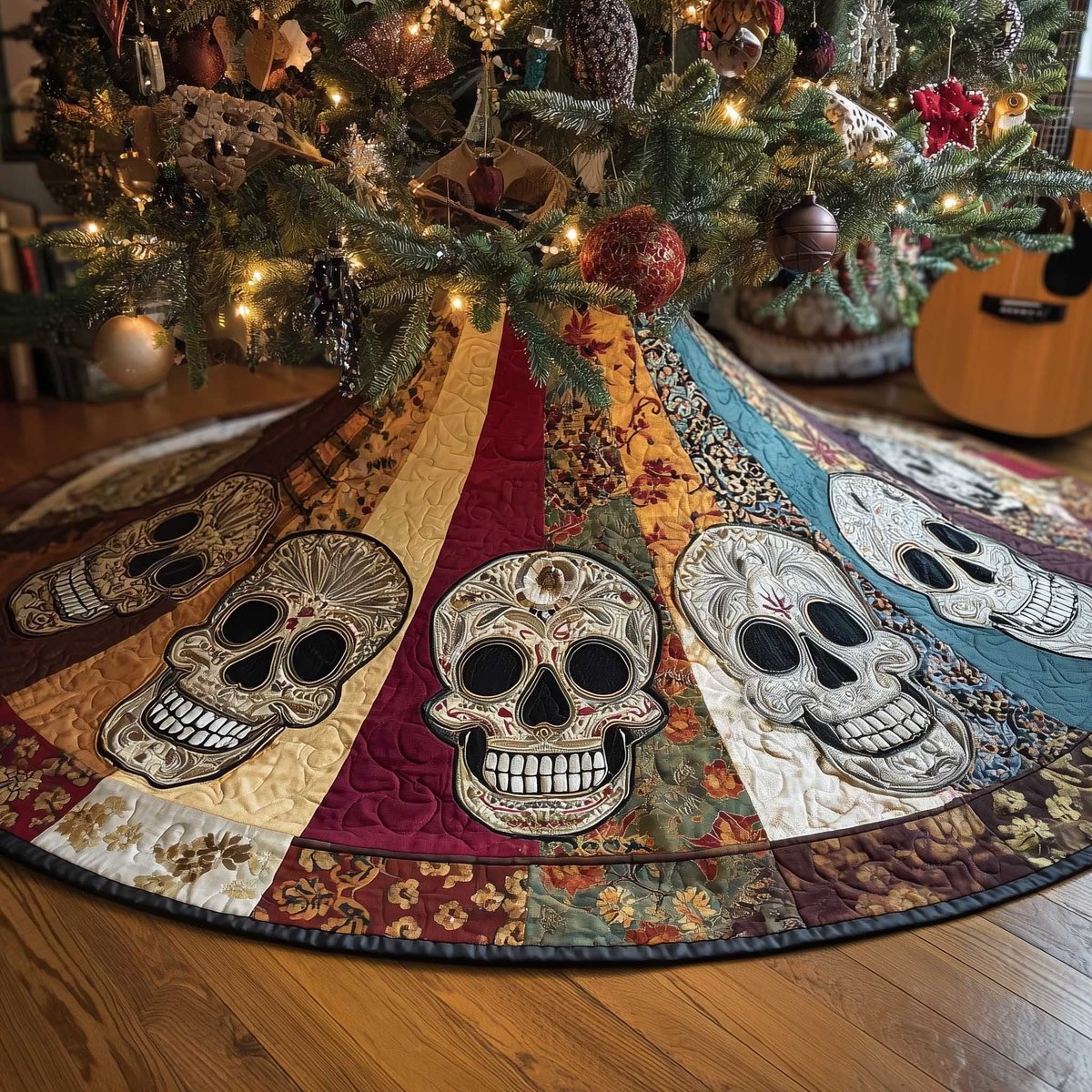 Sugar Skulls on Colorful Panels Christmas Tree Skirt - Made to Order TREEK101