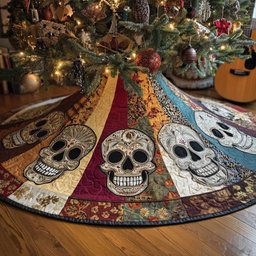 Sugar Skulls on Colorful Panels Christmas Tree Skirt - Made to Order TREEK101