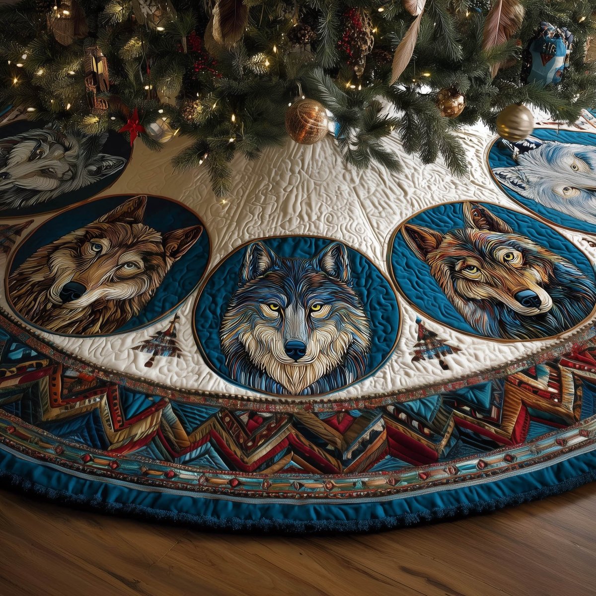 Wolf Medallions with Aztec Border Christmas Tree Skirt - Made to Order TREEK101