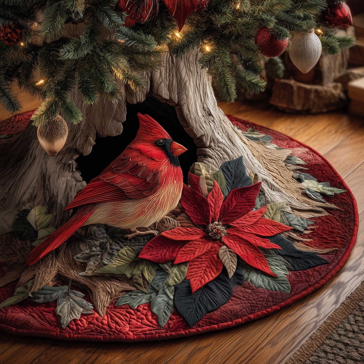 Cardinal with Red Poinsettias Christmas Tree Skirt - Made to Order TREEK101