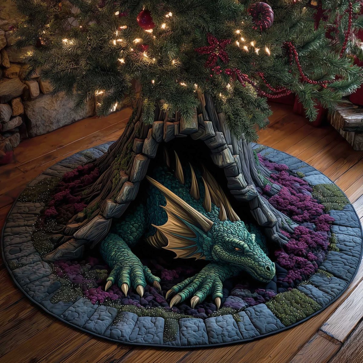 Teal Dragon in the Stone Cave Christmas Tree Skirt - Made to Order TREEK101