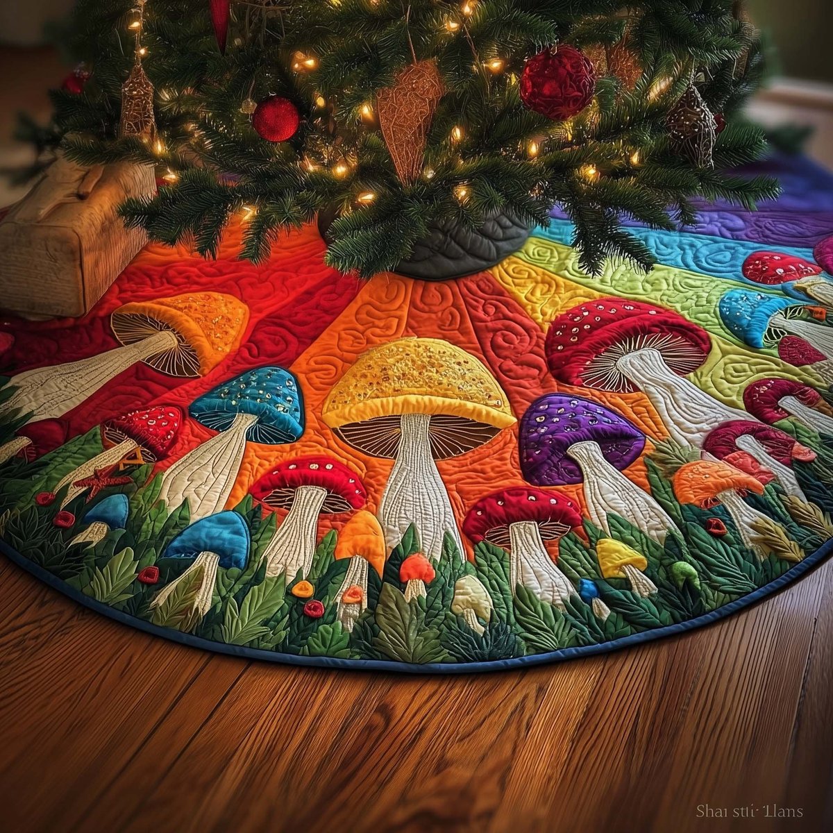 Mushrooms Under a Sunset Sky Christmas Tree Skirt - Made to Order TREEK101