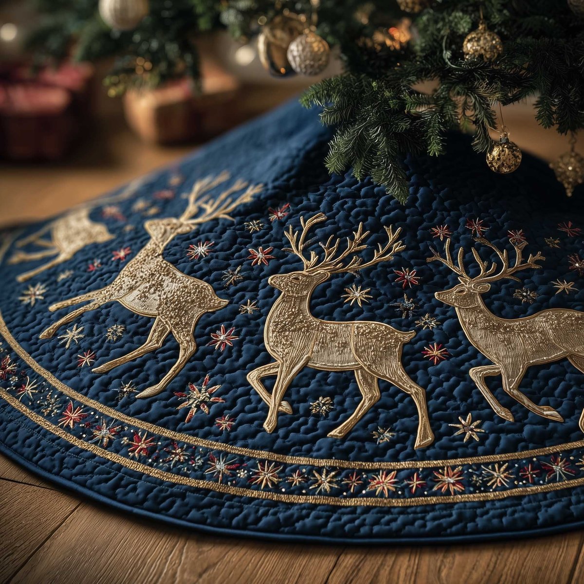 Golden Deer on Navy with Snowflakes Christmas Tree Skirt - Made to Order TREEK101