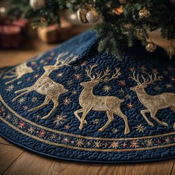 Golden Deer on Navy with Snowflakes Christmas Tree Skirt - Made to Order TREEK101