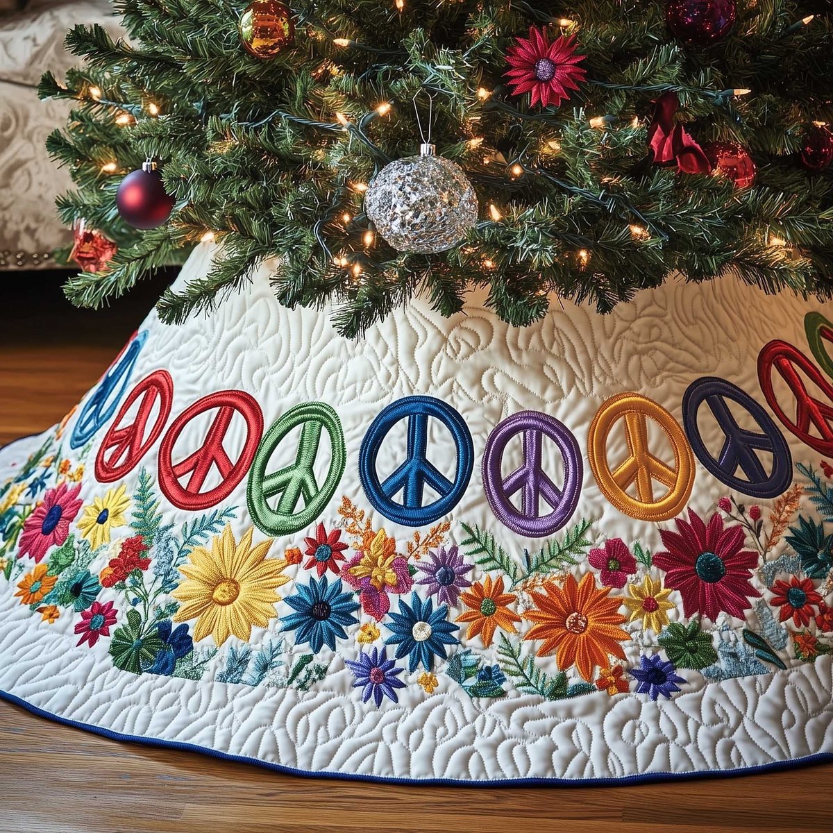 Peace Signs with Flowers on White Christmas Tree Skirt - Made to Order TREEK101