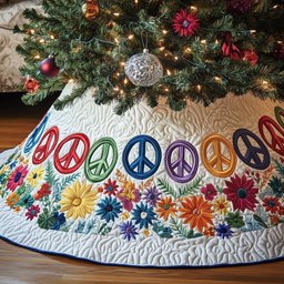Peace Signs with Flowers on White Christmas Tree Skirt - Made to Order TREEK101