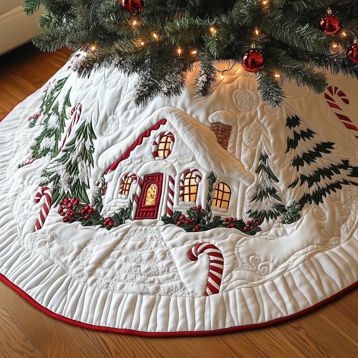 Snowy Cottage with Red Roof Christmas Tree Skirt - Made to Order TREEK101