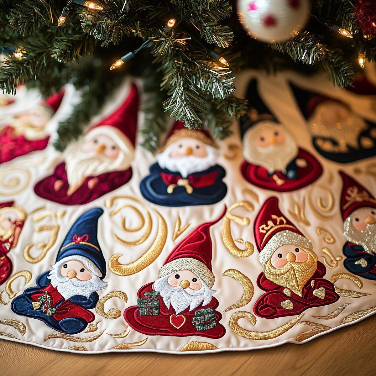 Gnome Faces on Golden Swirls Christmas Tree Skirt - Made to Order TREEK101