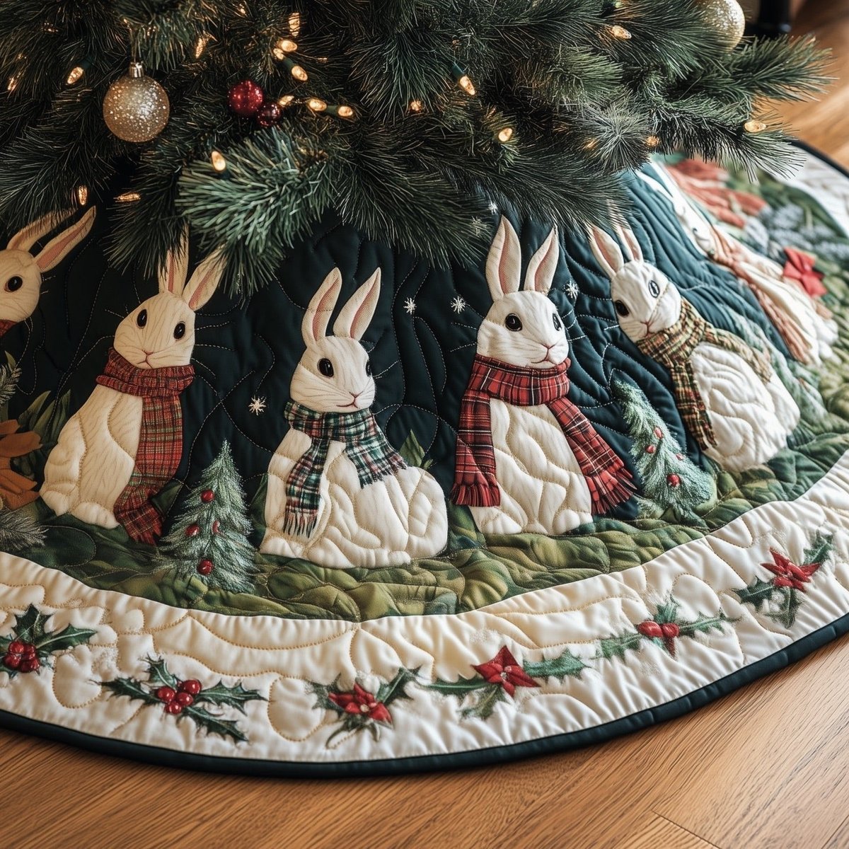 Rabbits in Plaid Scarves Cream Christmas Tree Skirt - Made to Order TREEK101