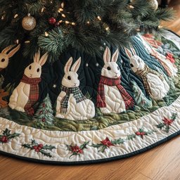 Rabbits in Plaid Scarves Cream Christmas Tree Skirt - Made to Order TREEK101
