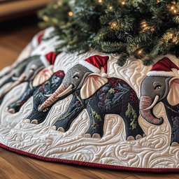 Elephant in a Santa Hat on White Christmas Tree Skirt - Made to Order TREEK101