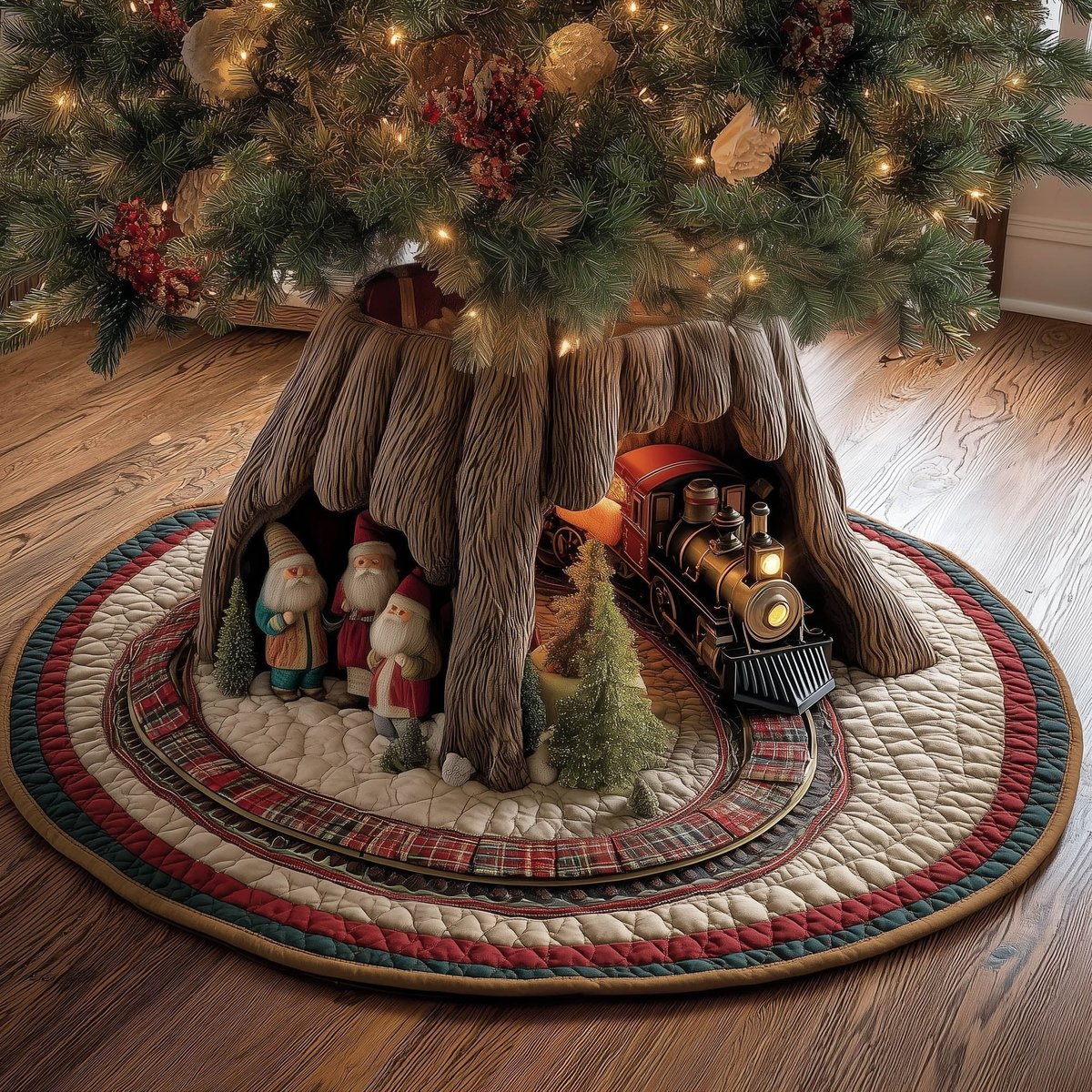 Train with Gnomes Plaid Border Christmas Tree Skirt - Made to Order TREEK101
