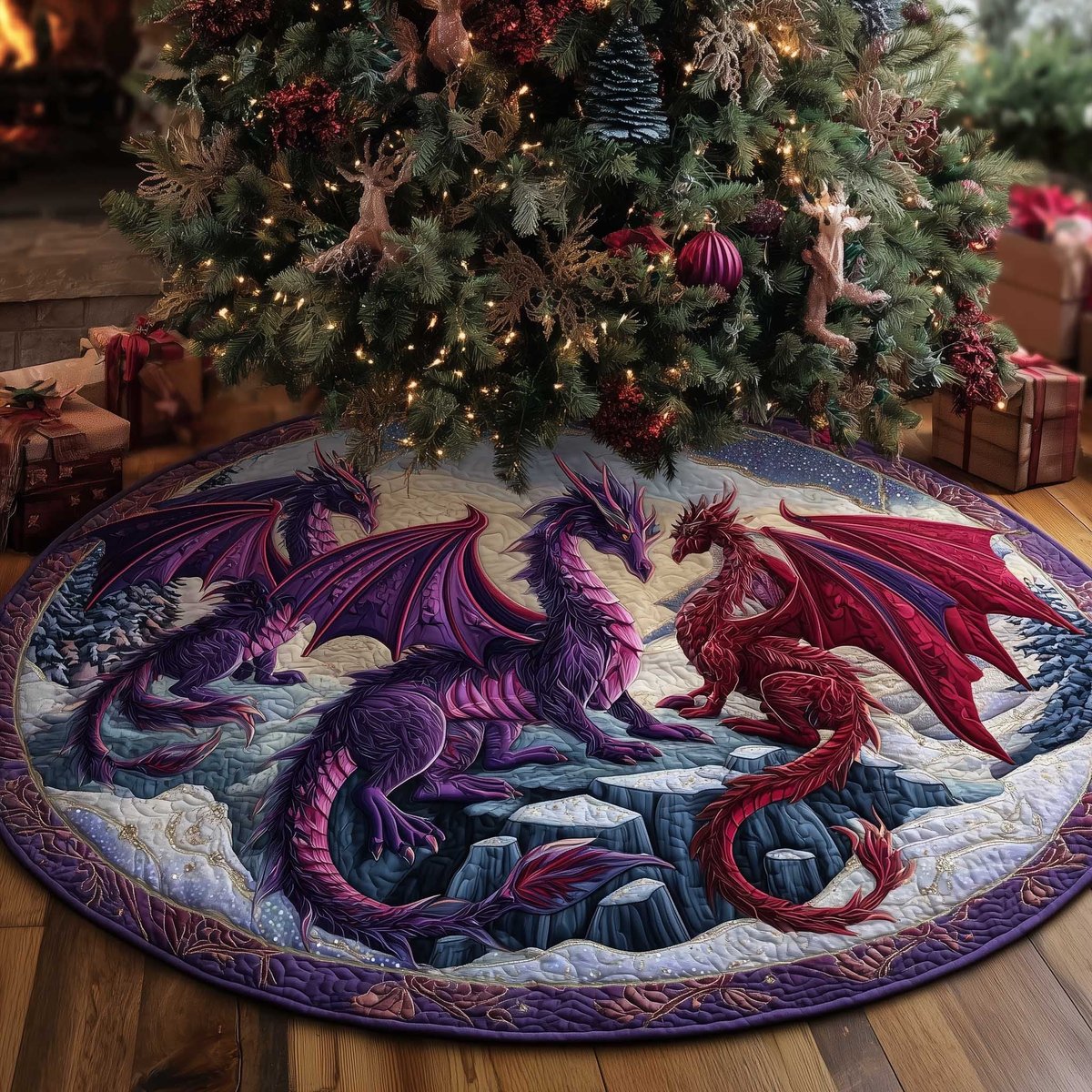 Purple and Red Dragons on the Snow Christmas Tree Skirt - Made to Order TREEK101