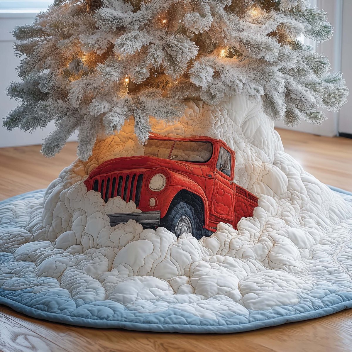 Red Pickup Truck in Deep Snow Christmas Tree Skirt - Made to Order TREEK101