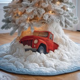Red Pickup Truck in Deep Snow Christmas Tree Skirt - Made to Order TREEK101