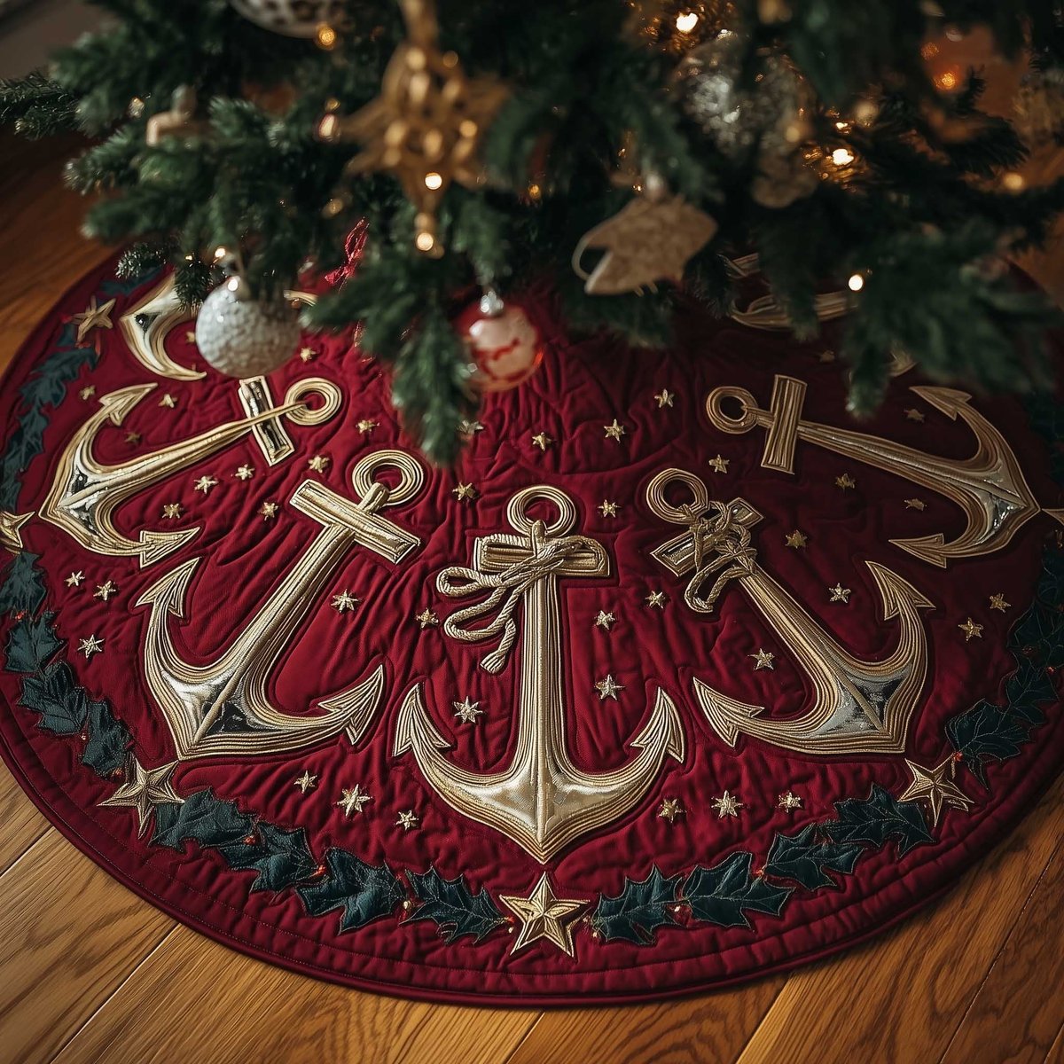 Ivory Anchors on Deep Red Christmas Tree Skirt - Made to Order TREEK101