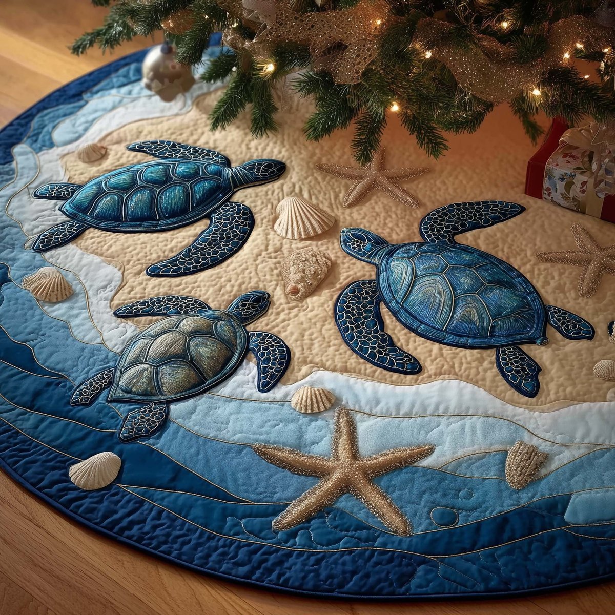 Blue Turtles with a Sandy Starfish Christmas Tree Skirt - Made to Order TREEK101