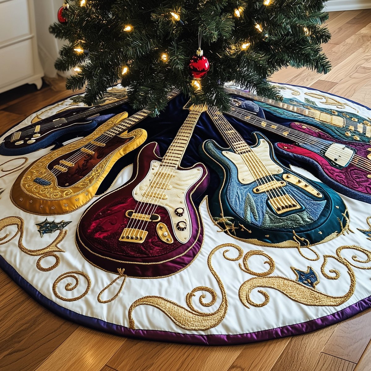 Guitars in Burgundy and Blue Christmas Tree Skirt - Made to Order TREEK101