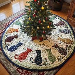 Patterned Cats on Ivory Swirls Christmas Tree Skirt - Made to Order TREEK101