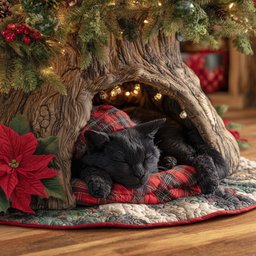 Black Cat Asleep on Plaid Christmas Tree Skirt - Made to Order TREEK101