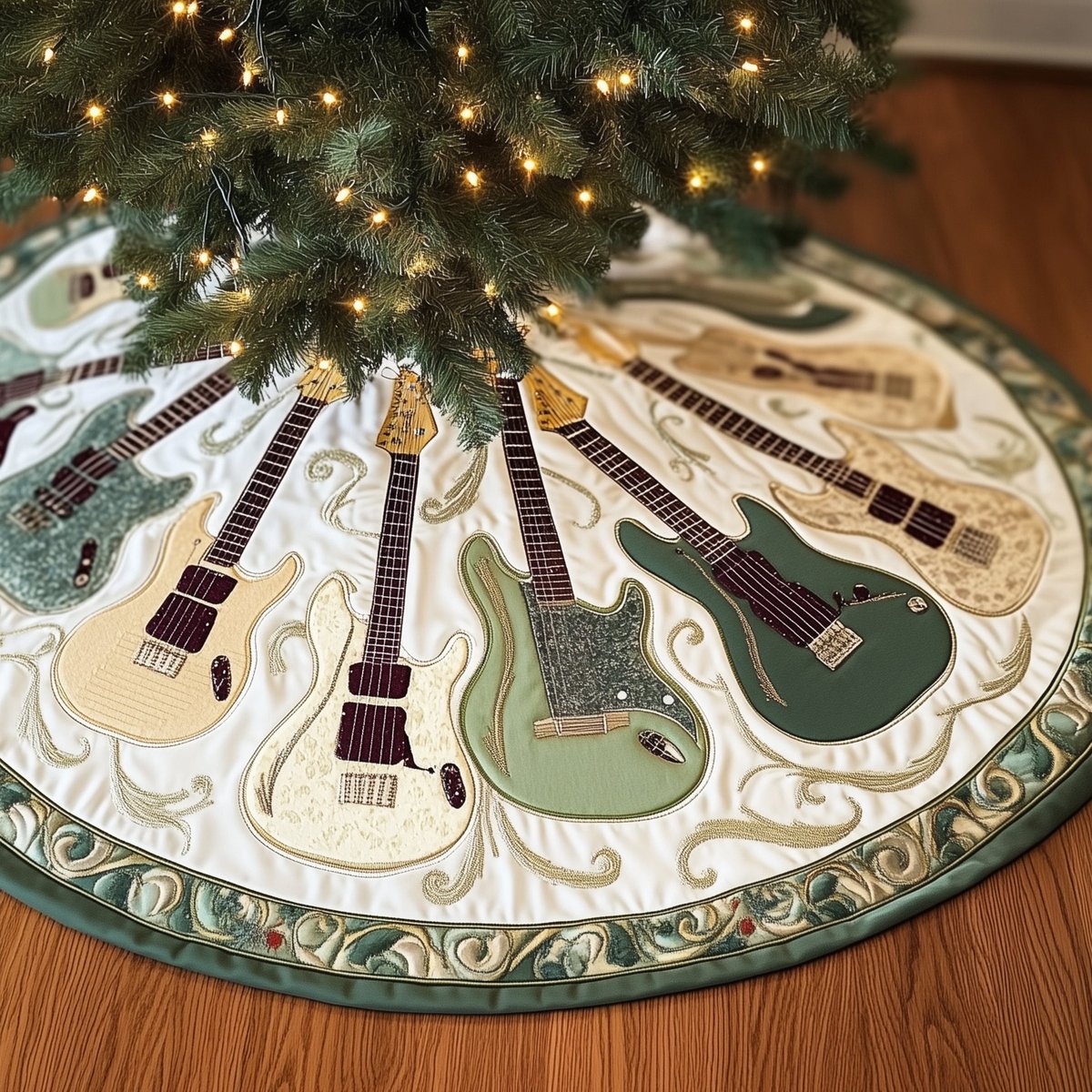 Guitars on White with Sage Border Christmas Tree Skirt - Made to Order TREEK101