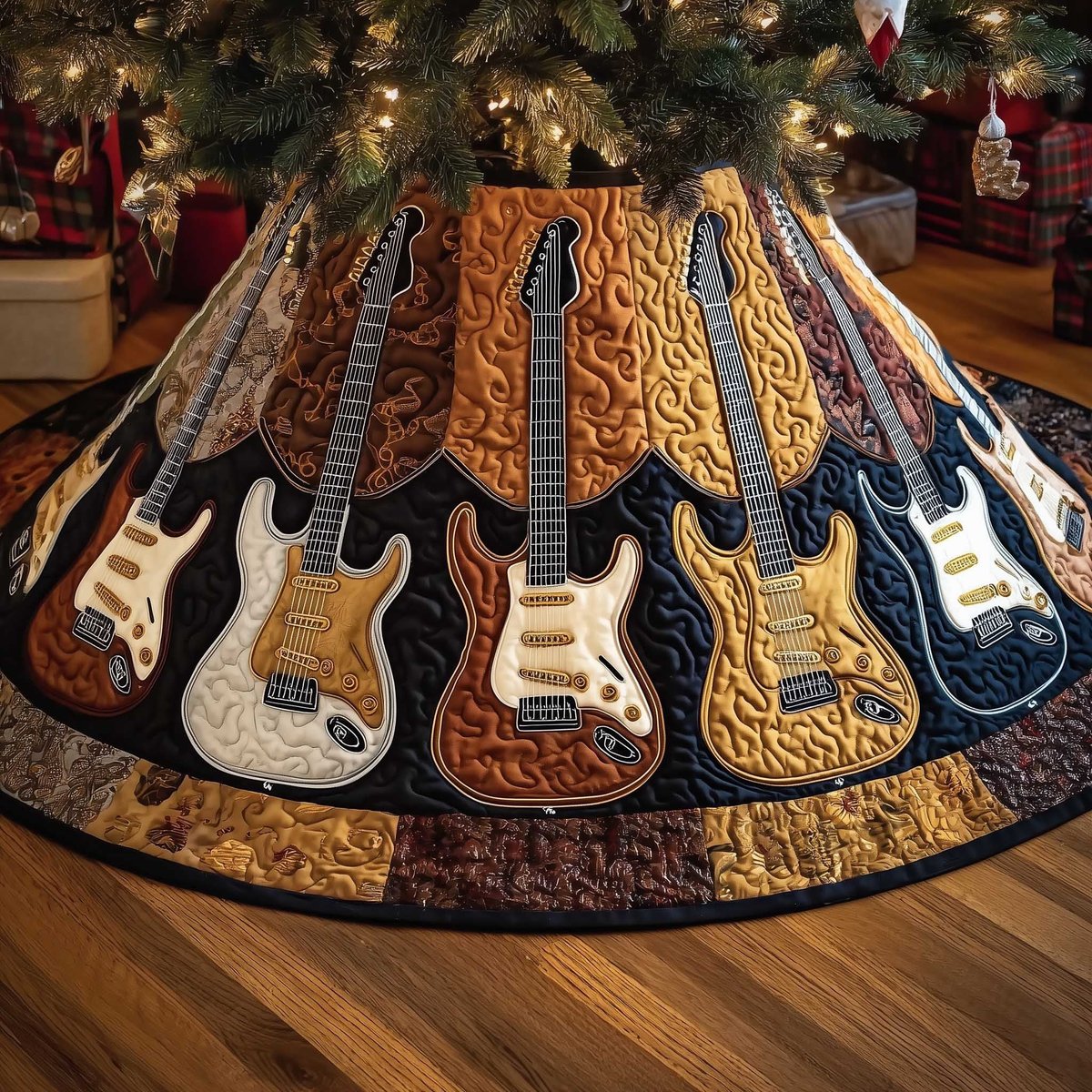 Guitars on Orange and Navy Panels Christmas Tree Skirt - Made to Order TREEK101