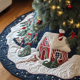 Red Cottage with Hanging Stocking Christmas Tree Skirt - Made to Order TREEK101