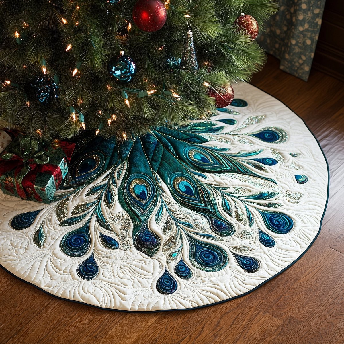 Emerald Feather Fan on Ivory Christmas Tree Skirt - Made to Order TREEK101