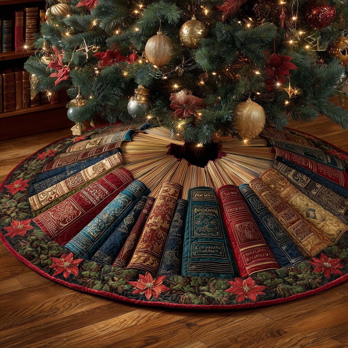 Classic Books with Holly Border Christmas Tree Skirt - Made to Order TREEK101