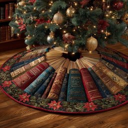 Classic Books with Holly Border Christmas Tree Skirt - Made to Order TREEK101