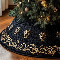 Golden Lion Heads on Black with Vines Christmas Tree Skirt - Made to Order TREEK101