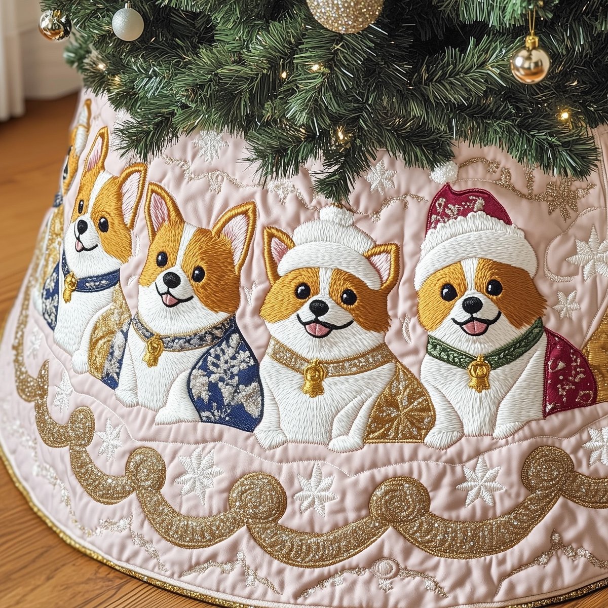 Corgis on Pale Blue and Pink Christmas Tree Skirt - Made to Order TREEK101