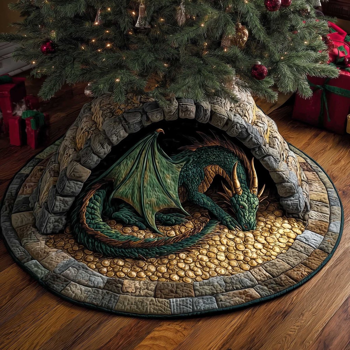 Green Dragon in the Treasure Cave Christmas Tree Skirt - Made to Order TREEK101
