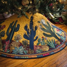 Saguaro Cacti on Yellow and Teal Christmas Tree Skirt - Made to Order TREEK101