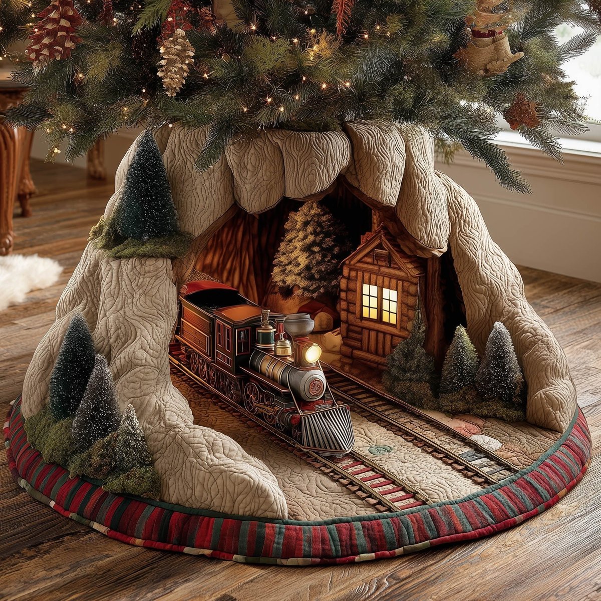Train Through the Snowy Mountain Tunnel Christmas Tree Skirt - Made to Order TREEK101