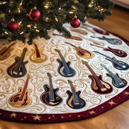 Guitars on White with Red Border Christmas Tree Skirt - Made to Order TREEK101