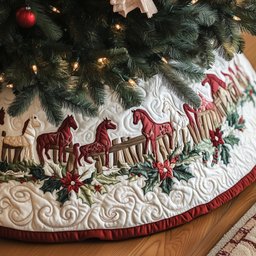 Red Horses Along the Fence Christmas Tree Skirt - Made to Order TREEK101