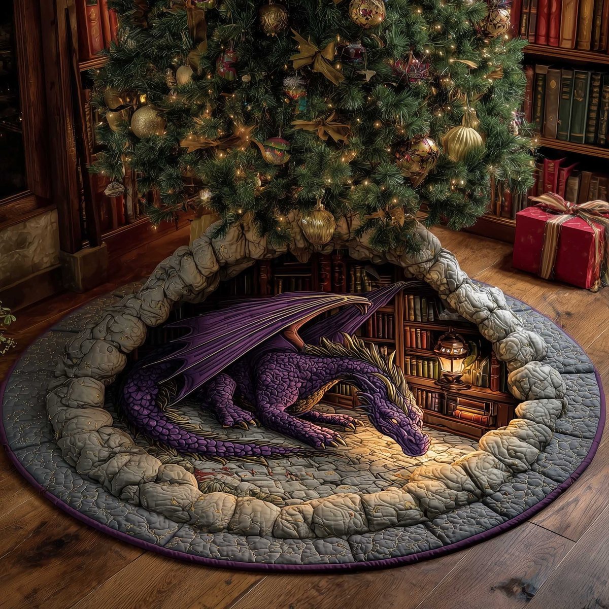 Purple Dragon on Golden Coins Christmas Tree Skirt - Made to Order TREEK101