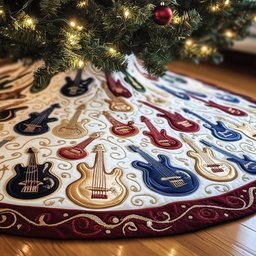 Guitars on Cream with Navy Edge Christmas Tree Skirt - Made to Order TREEK101