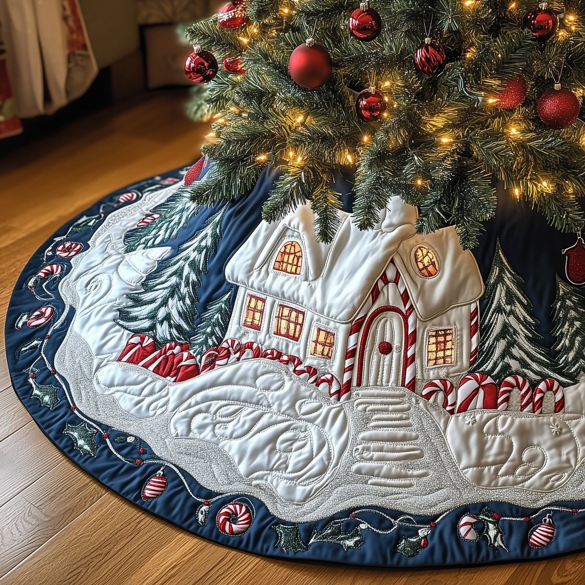 Snow Cottage with Navy Star Border Christmas Tree Skirt - Made to Order TREEK101