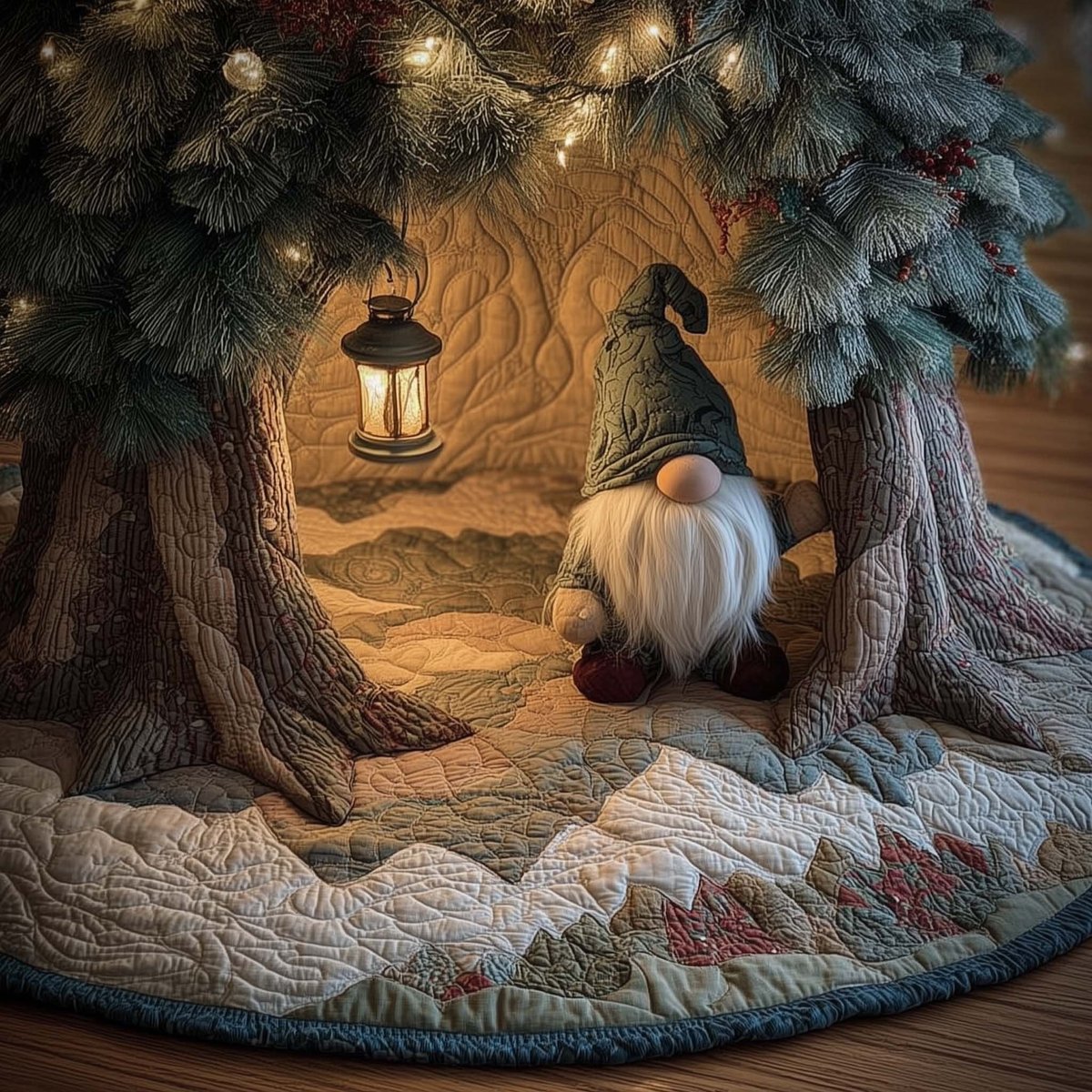 Gnome Beneath a Hanging Lantern Christmas Tree Skirt - Made to Order TREEK101