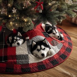 Huskies Napping on Red Buffalo Plaid Christmas Tree Skirt - Made to Order TREEK101