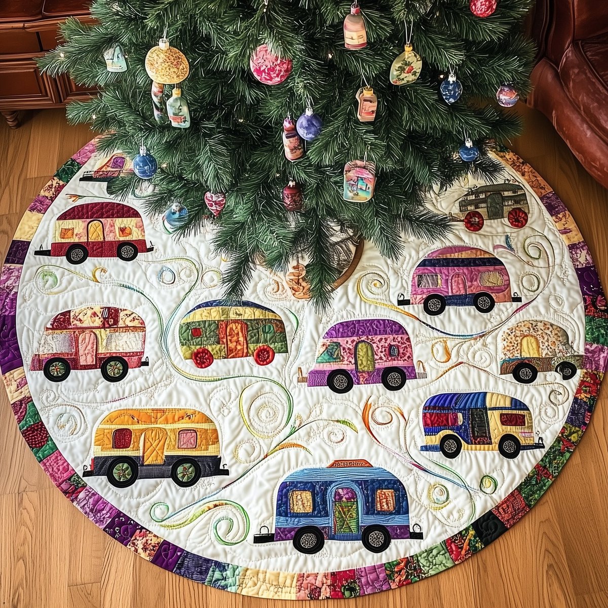 Campers on White with Patchwork Rim Christmas Tree Skirt - Made to Order TREEK101
