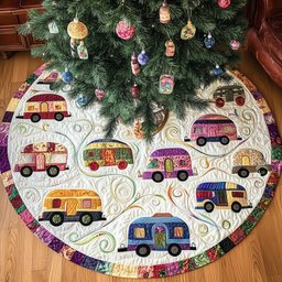 Campers on White with Patchwork Rim Christmas Tree Skirt - Made to Order TREEK101