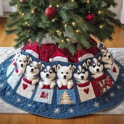 Husky Puppies in Christmas Stockings Christmas Tree Skirt - Made to Order TREEK101